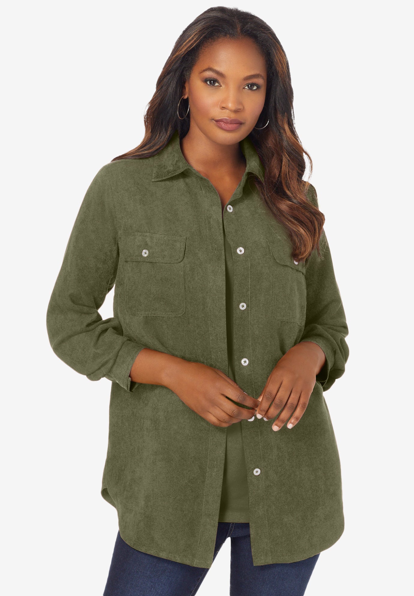Plus Size Women's Faux Suede Button-Front Shirt by Roaman's in Dark Olive Green (Size 30 W) Button Down