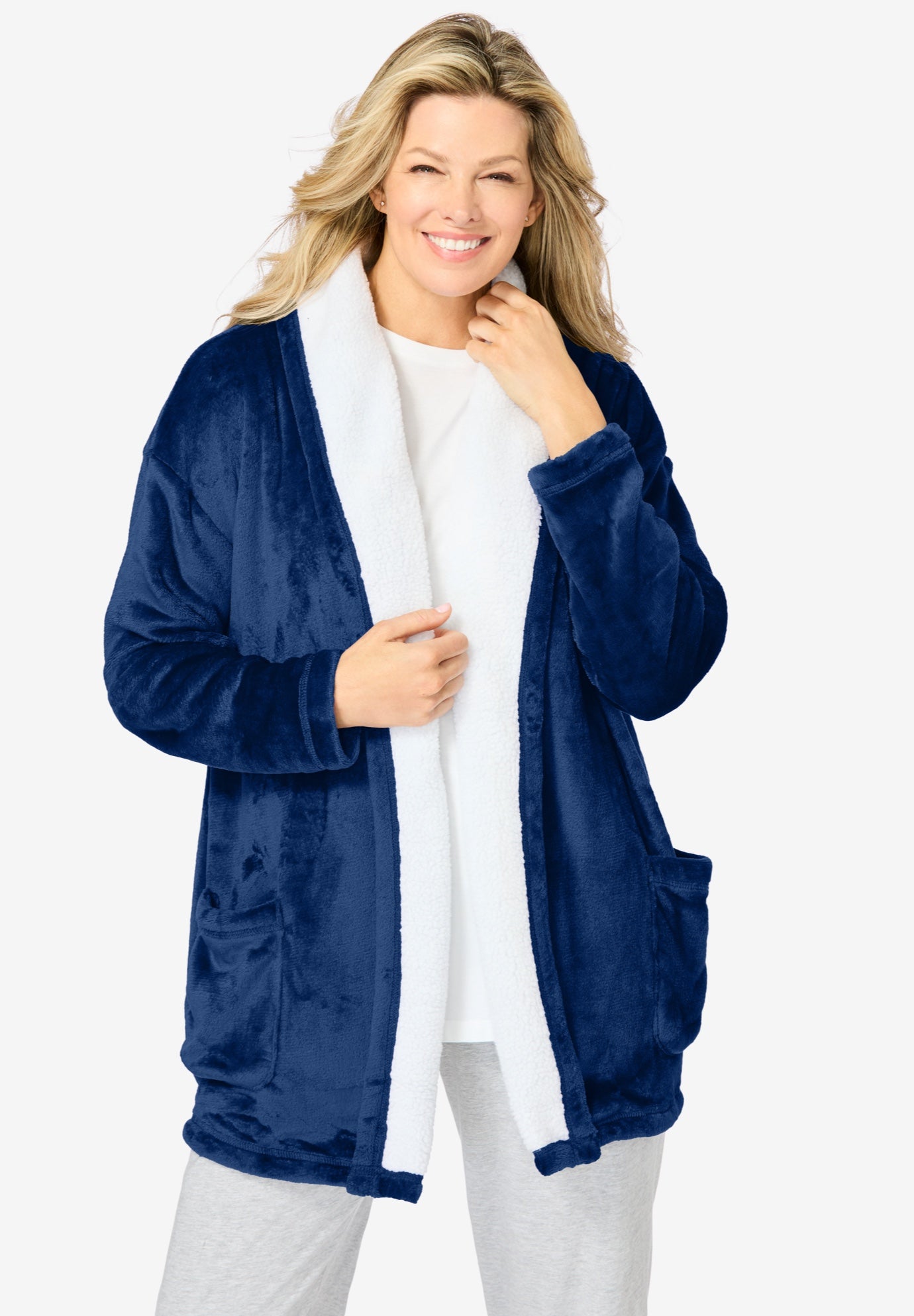 Plus Size Women's Sherpa Lined Collar Microfleece Bed Jacket by Dreams & Co. in Evening Blue (Size 4X) Robe