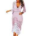 Womens Party Dress 3/4 Lace Sleeve Elegant Sheath Dress Ladies Summer Long Sleeve Dress Crochet Lace A line Maxi Dress Lady High Waist Party Bridesmaid Swing Skirt Skater Cocktail Pink