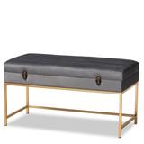 Aliana Glam and Luxe Grey Velvet Fabric Upholstered and Gold Finished Metal Large Storage Ottoman