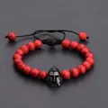 Bracelets de perles en pierre naturelle rouge pour hommes et femmes casque et boule en cuivre noir