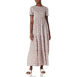 Amazon Brand - find. Women's Summer Casual Floral Print Party Maxi Dresses Short Sleeve Super Long Tiered Dress Blue-White