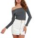 HARRYSTORE Women Long Sleeve Tie Bardot Crop Top Ladies Off Shoulder Crop Tops Frill Bralet Long Sleeve Shirts (XL(Bust:74-103cm/29.1-40.6"), Gray)