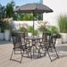 Wade Logan® Amlie Nantucket 6 Piece Patio Garden Set w/ Table, Umbrella & 4 Folding Chairs Glass/Metal in Black | Wayfair