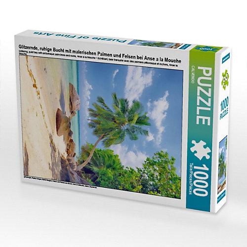 Puzzle Glitzernde, ruhige Bucht mit malerischen Palmen und Felsen bei Anse a la Mouche Lege-Größe 48 x 64 cm Foto-Puzzle
