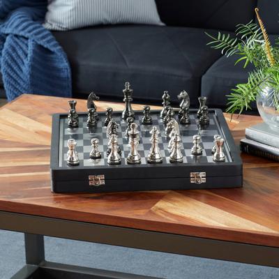 Black, Gold or Silver Aluminum Chess Game Set with Storage Compartment