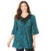 Plus Size Women's Velvet Trim Pleated Blouse by Catherines in Green Lace Print (Size 1X)