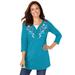 Plus Size Women's 7-Day Layered-Look Embroidered Henley Tunic by Woman Within in Deep Teal Embroidery (Size 1X)