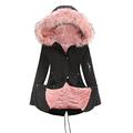 Women's Winter Jacket, Thick Parka Jacket, Plain Simplicity Winter Warm Long Jacket, Women's Winter Coat, Quilted Coat with Removable Faux Fur Hood, Black + Pink, L
