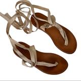 J. Crew Shoes | J. Crew Leather Sole Ankle Wrap Thong Sandals Women's Size 6.5 Creme Off White | Color: Cream/Tan | Size: 6.5