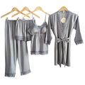 Laura Lily - Women's Silk Satin Striped Solid Color Lace Pyjamas 4 Piece Set - Grey - XS/S