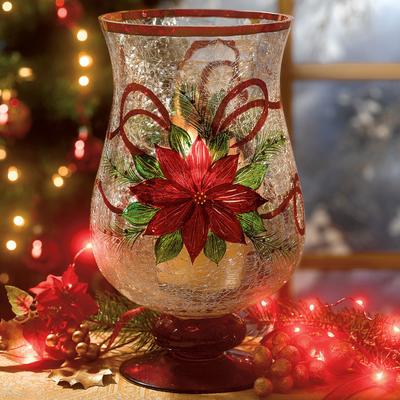 Holiday Hand-Painted Poinsettia Hurricane by BrylaneHome in Poinsettia Christmas Candle Holder Decoration