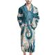 HUGS IDEA Bathrobe Men Dressing Gowns Absorbent Towelling with Long Sleeves, 2 Pockets, Belt, V Collar Bath Robe Full Length, Turquoise Octopus Map