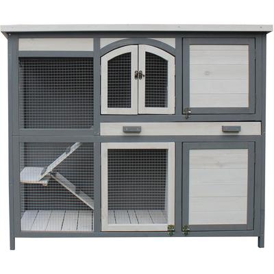 Hanover Outdoor Wooden 2-Story Rabbit Hutch with 2 Ramps, Wire Mesh Run, Removable Tray 4 Ft. W x 1.6 D x 3.4 H - Grey