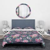 Designart' Pink and Purple Flowers on Striped Background' Abstract Bedding Set - Duvet Cover & Shams