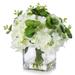 Enova Home Mixed Artificial Silk Hydrangea and Eucalyptus Leaves Faux Flowers Arrangement in Cube Glass Vase with Faux Water