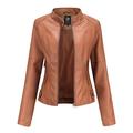 Women's PU Leather Jacket, Biker Jacket with Zipped Pockets, Stand-Up Collar Transition Jacket Short Coat,Camel,M