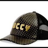 Gucci Accessories | Gucci Black Leather Star Print “Gucci” Baseball Cap | Color: Black | Size: Os