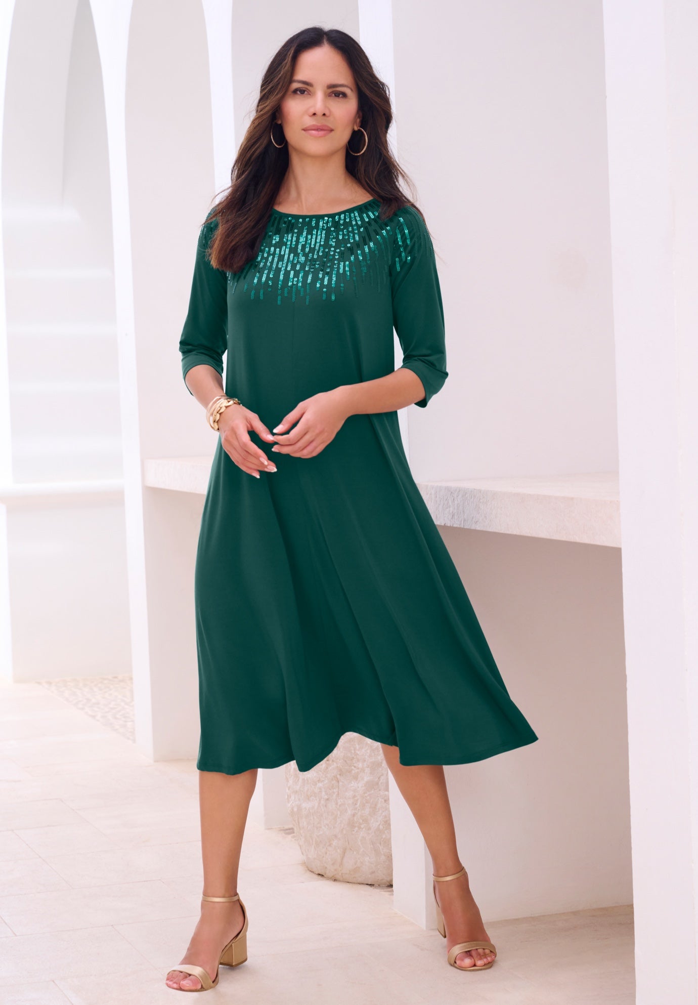Plus Size Women's Plus Size 3/4 Sleeve Embellished Boatneck Dress by Roaman's in Emerald Green (Size 14/16)