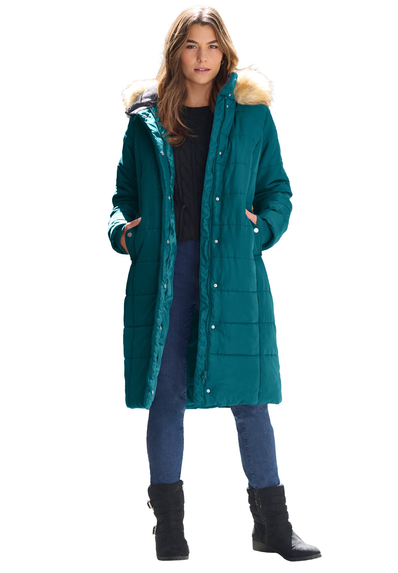 Plus Size Women's Plus Size Knee Length Puffer Coat by Roaman's in Deep Lagoon (Size 5X) Winter Coat