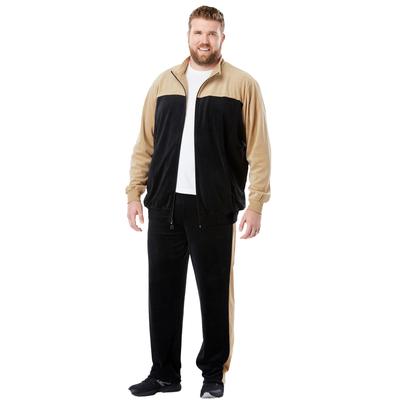 Men's Big & Tall Colorblock Velour Tracksuit by KingSize in Khaki Black (Size 9XL)