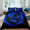 Loussiesd Valentine's Day Duvet Cover Set Double Size Digital Printed Blossom Rose Flowers Bedding Set Black Blue Floral Comforter Cover with 1 Pillow Shams Microfiber Quilt Cover Chic Breathable