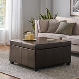 Latitude Run® 35.25" Wide Faux Leather Square Storage Ottoman Faux Leather/Leather/Wood in Brown | 19.15 H x 35.25 W x 35.25 D in | Wayfair