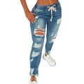 WAEKQIANG Drawstring Denim Jeans for Women Ripped Stretch Denim Ladies Plus Size Full Length Pencil Pants