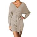 Imuedaen Women's V-Neck Jumper Dress Long Sleeve Knitted Dress Backless Sweater Dress Knitted Jumper Slim Fit Knitwear Pullover with Belt (A Khaki, L)