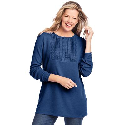 Plus Size Women's Washed Thermal Lace Bib Henley Tee by Woman Within in Evening Blue (Size 22/24) Shirt