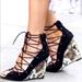 Zara Shoes | New Zara Lace Up Black Suede Animal Sandal Wedge 6 | Color: Black/Cream | Size: 6