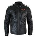 Mens Black Real Leather Racing Biker Jacket Zipped Short Red White Stripes Badge