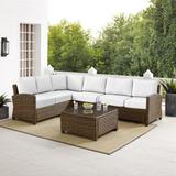 Bradenton 5Pc Outdoor Sectional Set - Sunbrella White/Weathered Brown - Left Loveseat, Right Loveseat, Center Chair, Corner Chair & Coffee Table - Crosley KO70020WB-WH