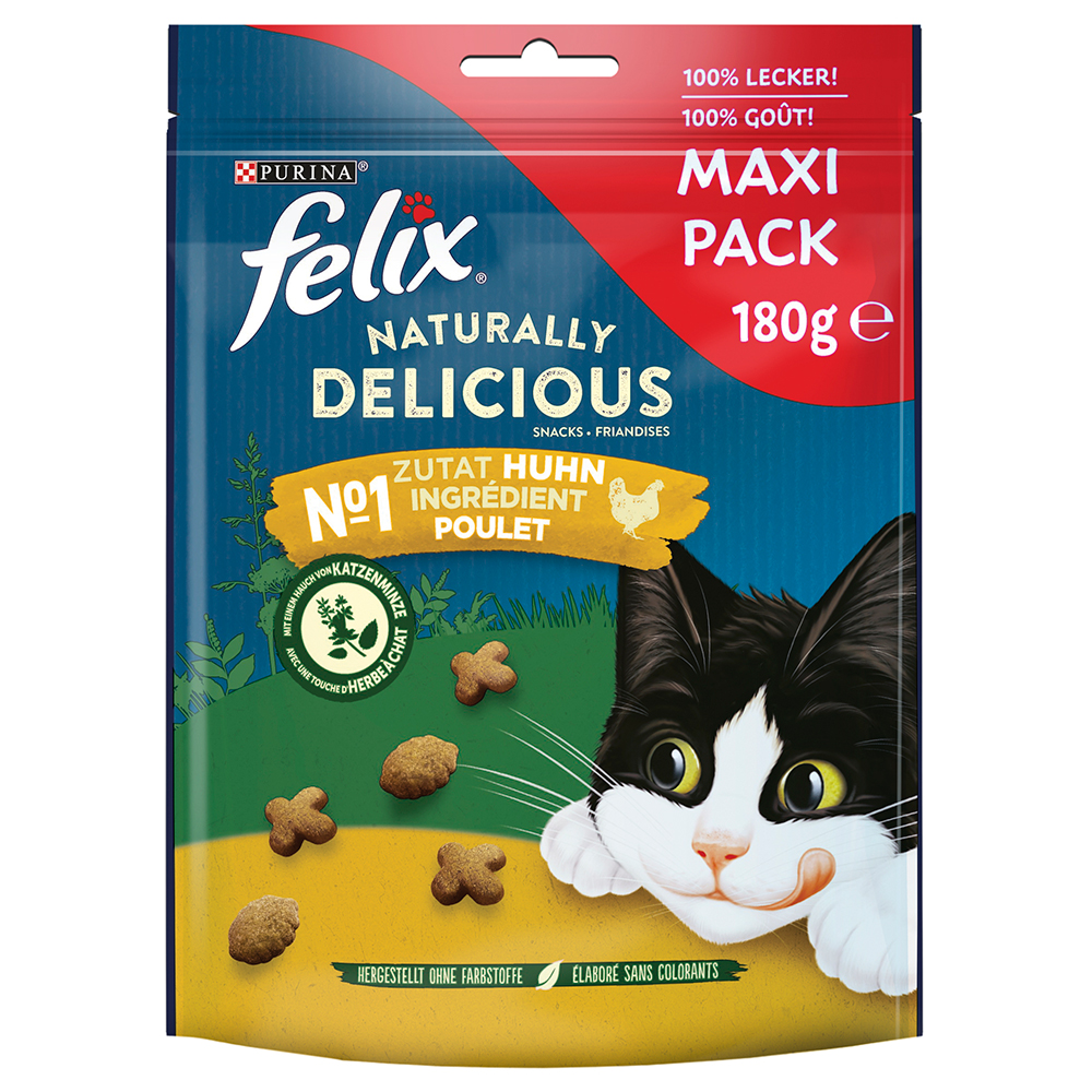 Felix Naturally Delicious Snack per gatti - 180 g Ricco in Pollo con un Tocco di Erba gatta