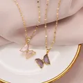Collier pendentif papillon violet plaqué or pour femme acier au titane cristal rose tour de cou