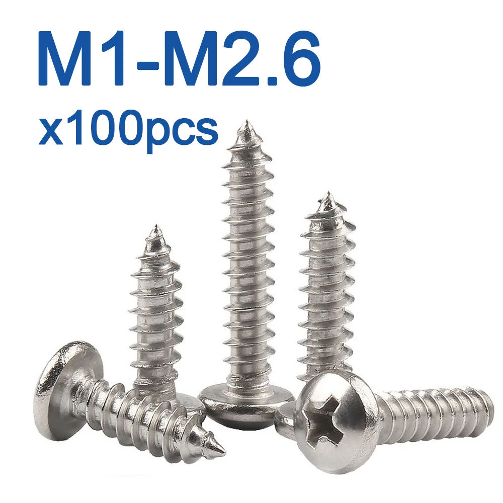 Vis autotaraudeuses en acier inoxydable, 100 pièces/lot, tête ronde encastrée en croix M1 M1.2 M1.4 M1.5 M1.7 M1.8 M2 M2.2 M2.3 M2.5 M2.6