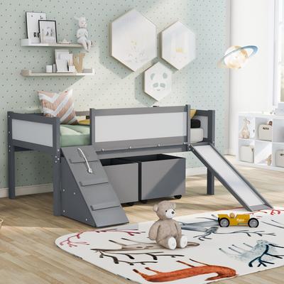 Twin Size Wooden Low Loft Bed With 2, Twin Bed With Slide And Storage