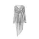 COCD DaiWeiDress Women's Sexy V-Neck Wrap Dress with Shiny Sequins Long Sleeve Bodycon Slit Party Dress Silver