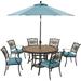 Hanover Monaco 7-Piece Dining Set in Blue with Six Dining Chairs, 60-in. Tile-Top Table and 9-Ft. Umbrella