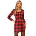 Allegra K Women's Christmas Costume Tartan Plaid Vintage Square Neck Puff Sleeve Mini Bodycon Dress Red 20