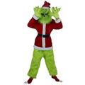 Furry Adult Santa Suit Outfit,Deluxe Grinch Santa Costume with Green Funny Mask Christmas Hat (#3-Red, S)