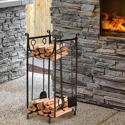 Outsunny 15" 2-Tier Firewood Log Rack with Tools, Fireplace Wood Storage Holder with Shovel, Broom, Poker, Tongs and Hooks
