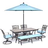 Hanover Monaco 6-Piece Dining Set in Blue with Swivel Rockers, Bench, Tile-Top Table, and Umbrella with Stand