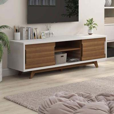 DH BASIC Mid-Century Modern White and Walnut 62-inch Wide 6-Shelf TV Stand by Denhour