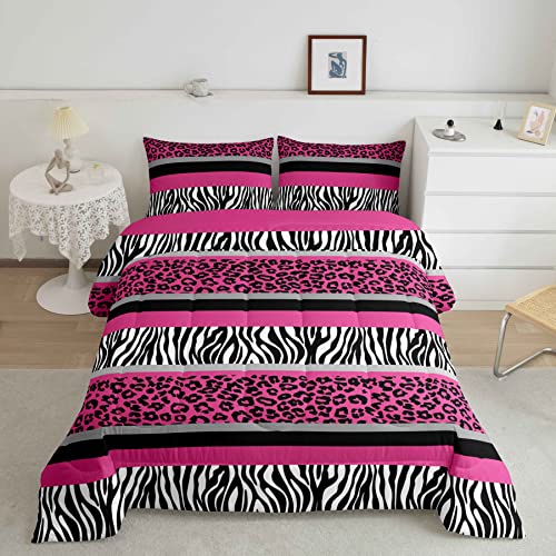 Zebra Stripes Leopard Duvet Set For Kids Boys Girls Pink Black White Zebra Leopard Fur Bedding Set Ultra Soft Wild Animal Skin Texture Down Comforter Double Size