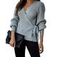 KIRUNDO Women’s 2020 Autumn Winter Wrap V Neck Sweater Top Balloon Sleeves Ribbed Knitted Pullover Tie Front Tunic Top Jumper (X-Large, Gray)