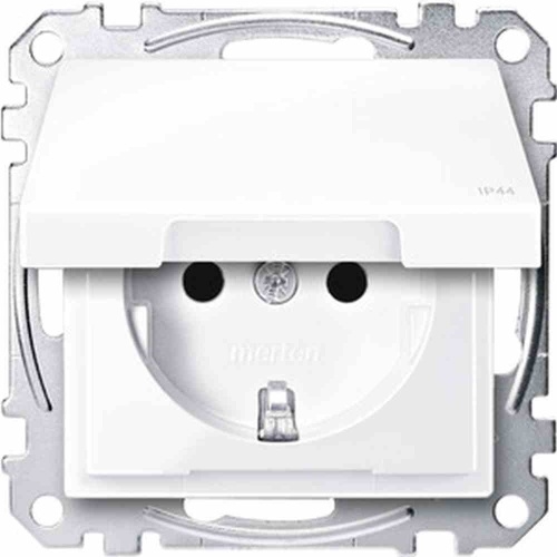 Merten System M Steckdose, 1f, aktivweiß, glänzend, Unterputz, mit erhöhtem Berührungsschutz, horizontal/vertikal, mit Klappdeckel, IP44 Image