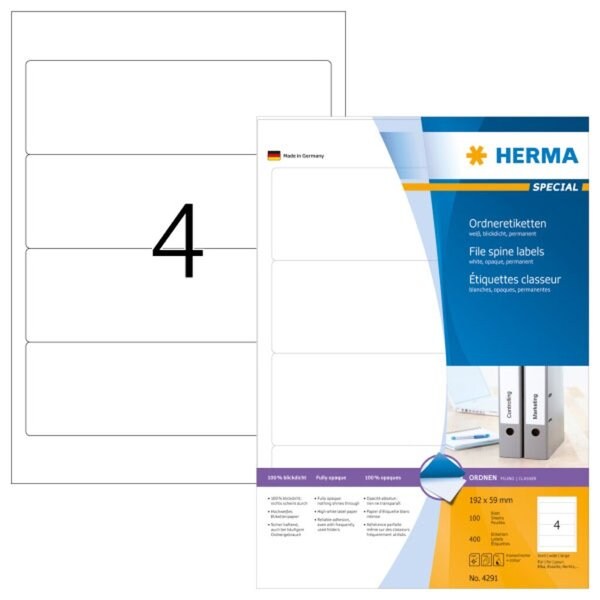 HERMA Ordneretiketten 192 x 59 mm, 400 Etiketten, weiß, blickdicht, permanent haftend, für breite Ordner (kurz) Image