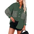 Reukree Womens V Neck Denim Jacket Patchwork Button Down Plus Size Shirts Leopard Print Loose Fit Stylish Jean Coat Dark Green XX-Large
