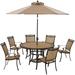 Hanover Fontana 7-Piece Outdoor Dining Set with 6 Sling Chairs, 60-in. Tile-Top Table, and 9-ft. Umbrella